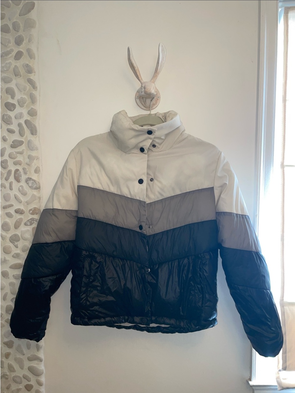 wild fable Colorblock Puffer Jacket in Ivory, Gray, and Black
